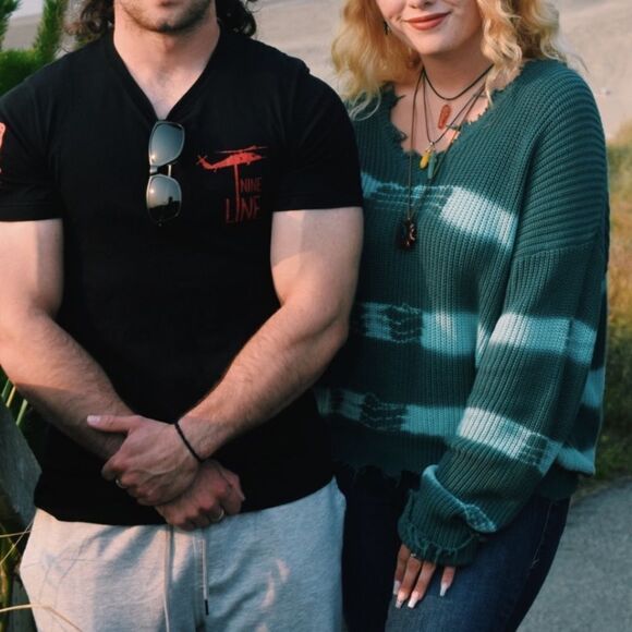 Forever 21+ Green and Blue Striped tie dye Oversized Sweater with fringe - Picture 2 of 7